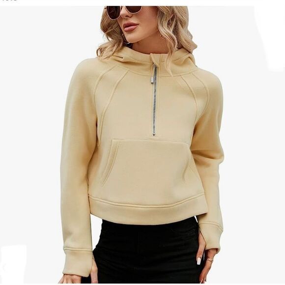 Micoson Fleece Lined Yellow Hoodie 1/2 Zipper Cropped Thumb Hole size xl - Picture 1 of 7